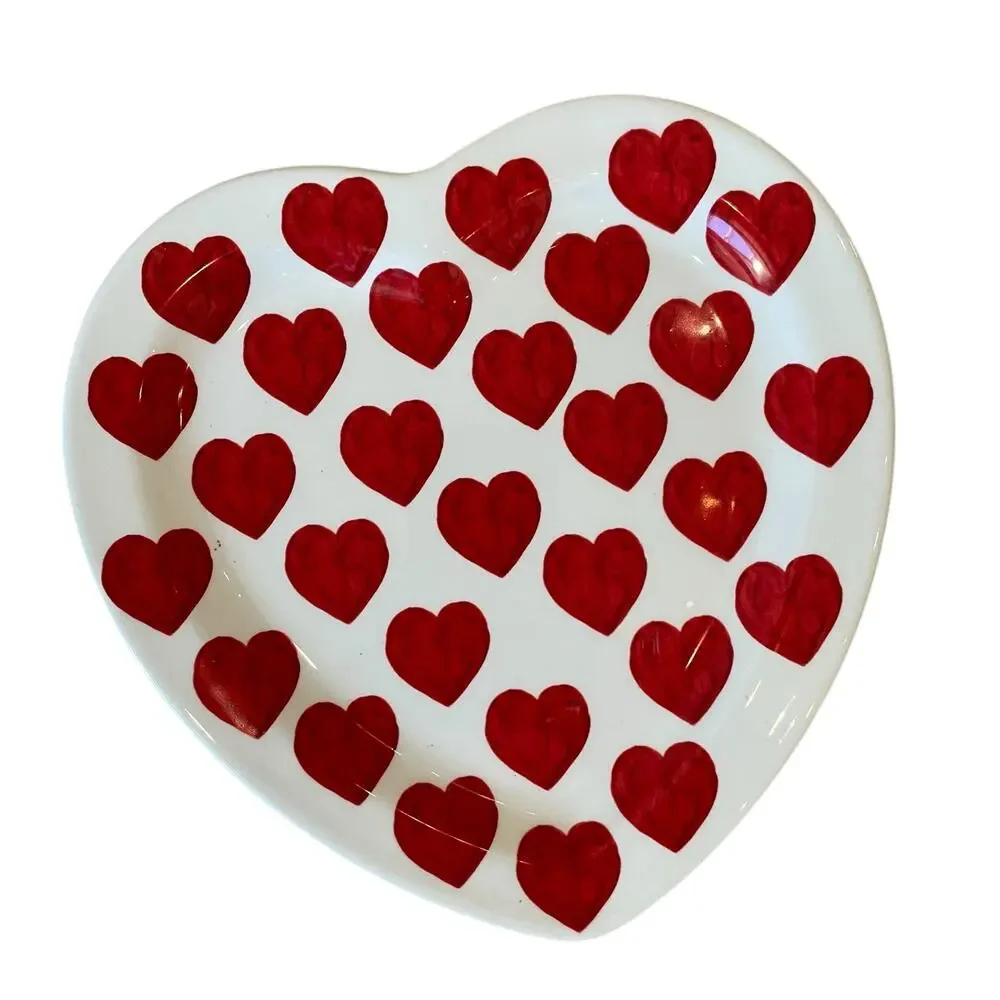 Maxcera Red Heart Valentine Plates 8in Ceramic Set of 4 White New